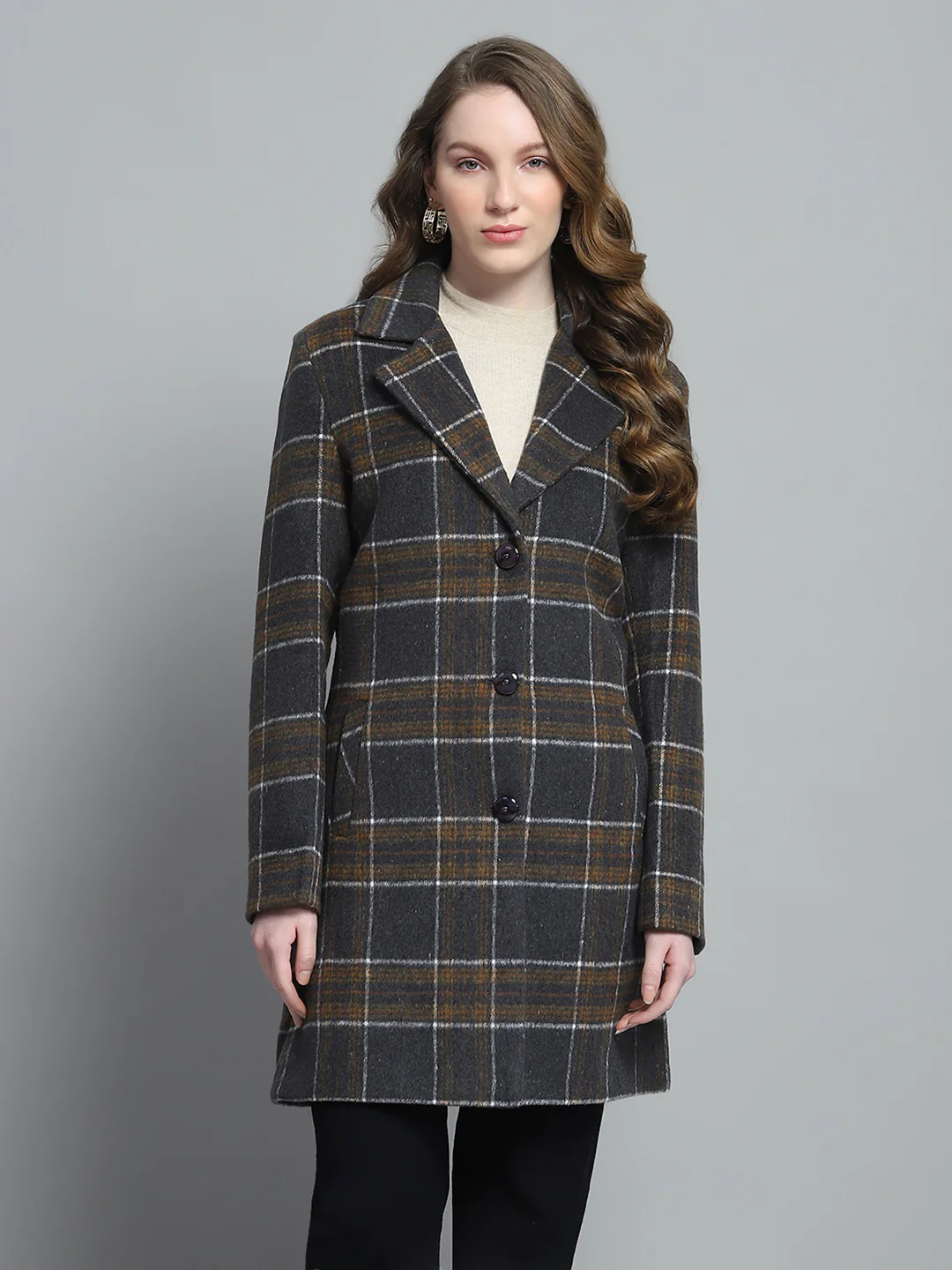Women Grey Check Notch Lapel Collar Full Sleeve Coat