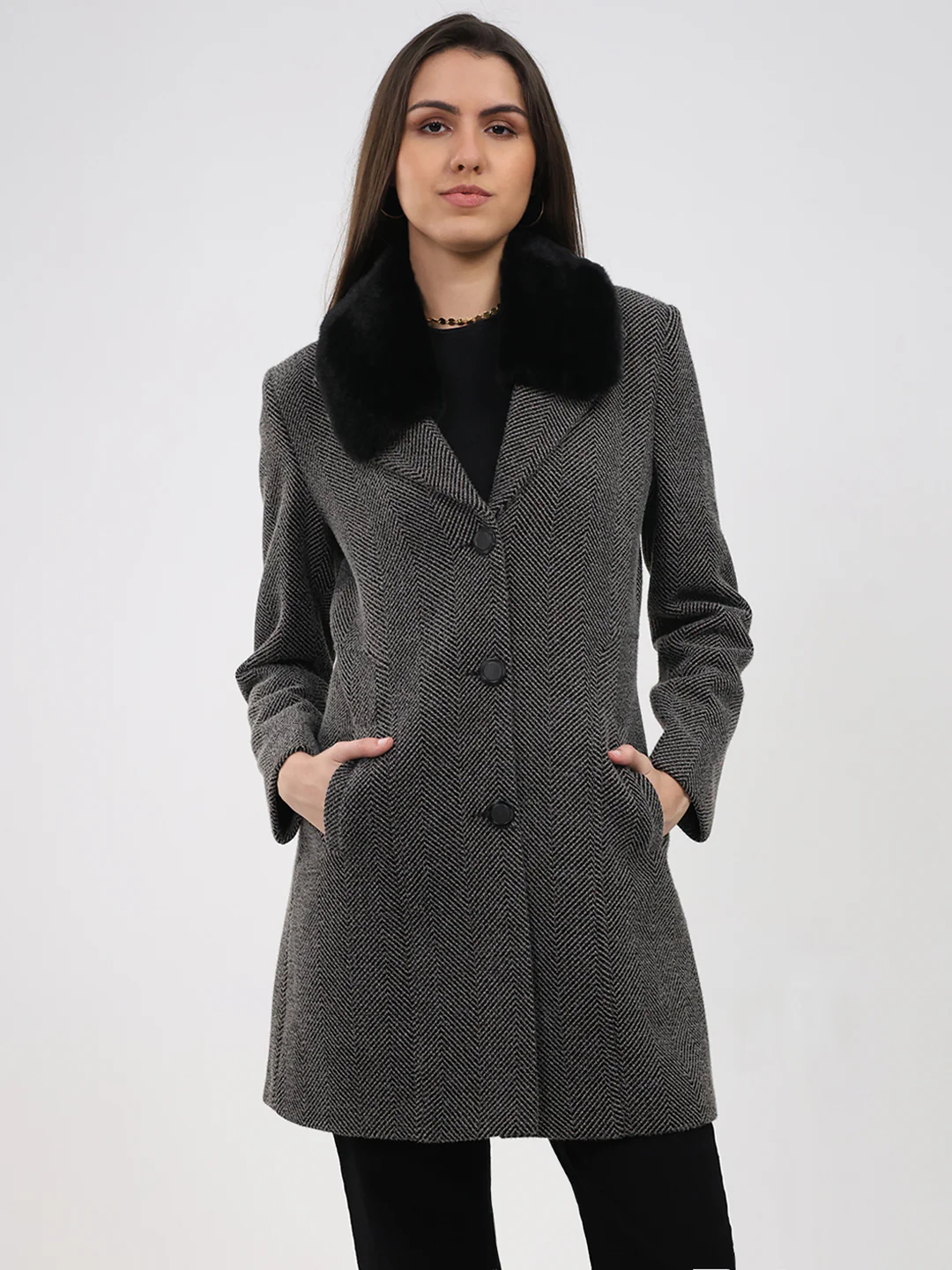 Women Grey Printed Collar Full Sleeve Coat