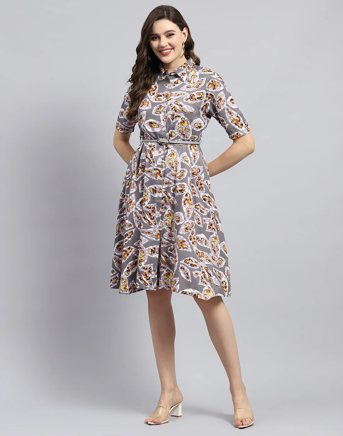 Women Grey Printed Collar Half Sleeve Dress - Image 3