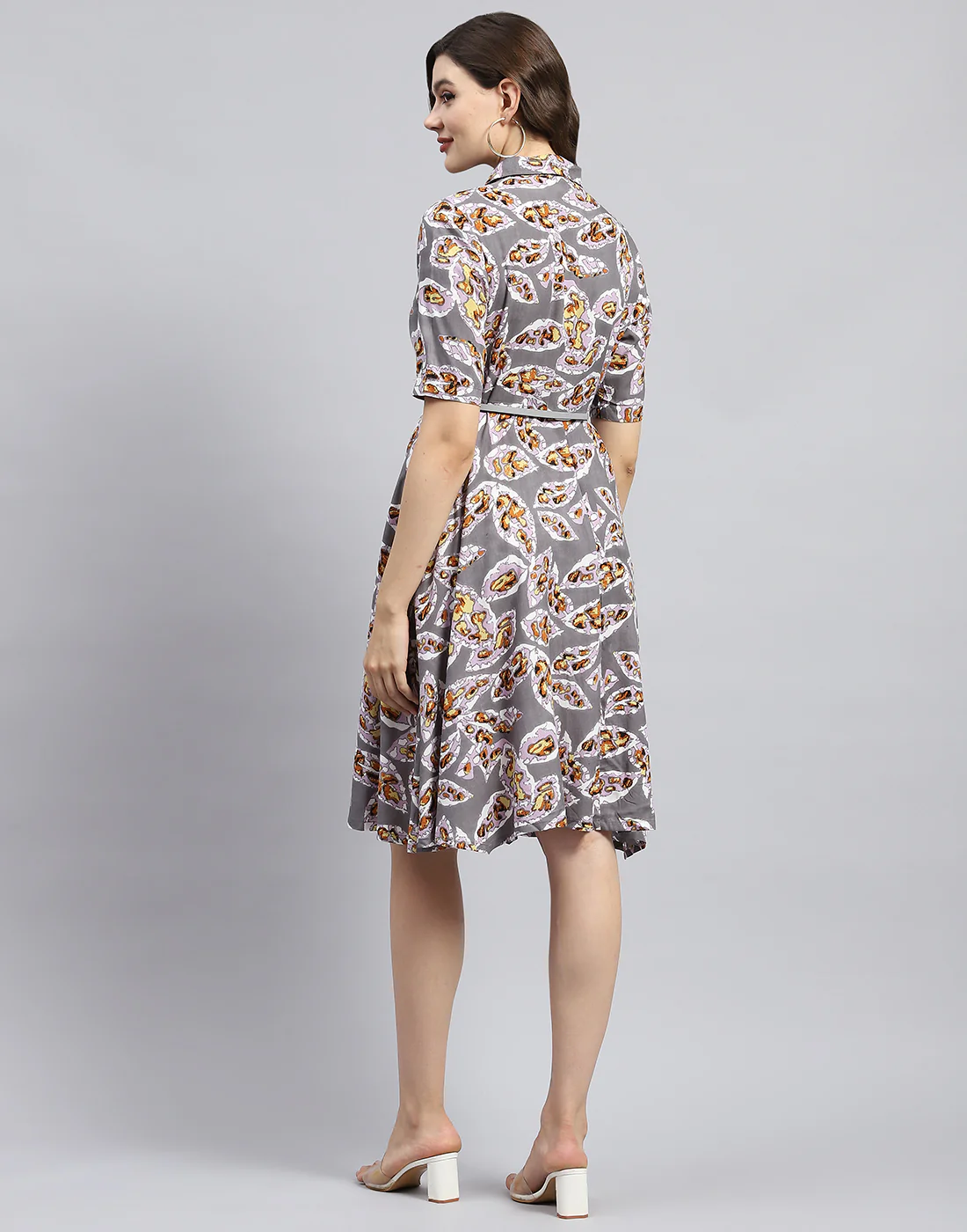 Women Grey Printed Collar Half Sleeve Dress - Image 6