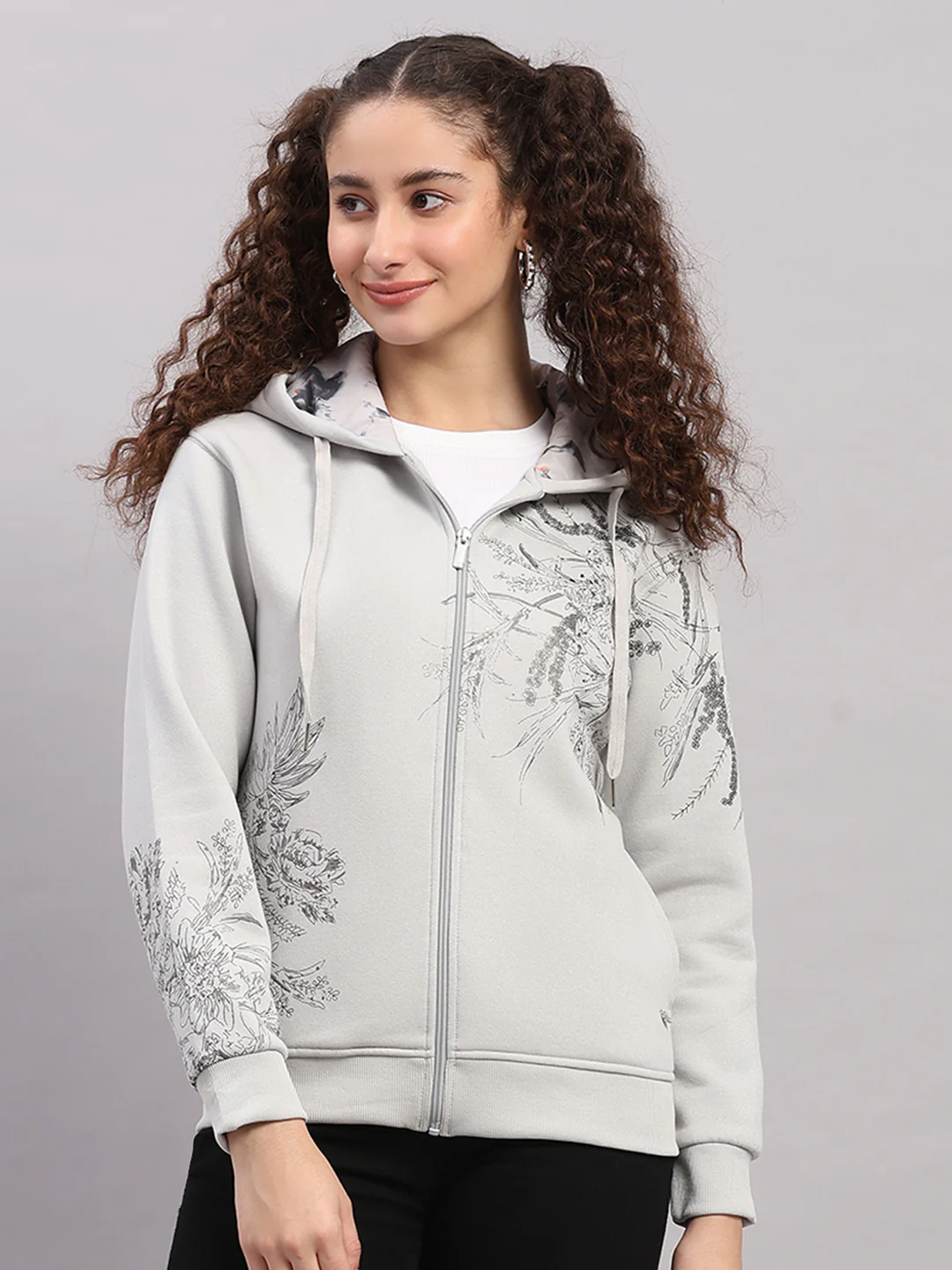 Women Grey Printed Hooded Full Sleeve Sweatshirt
