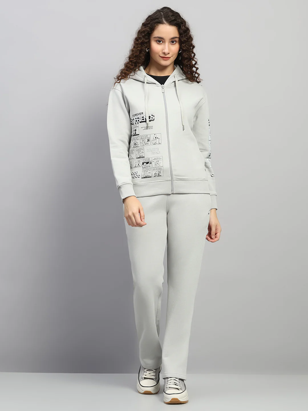 Women Grey Printed Hooded Full Sleeve Winter Tracksuit