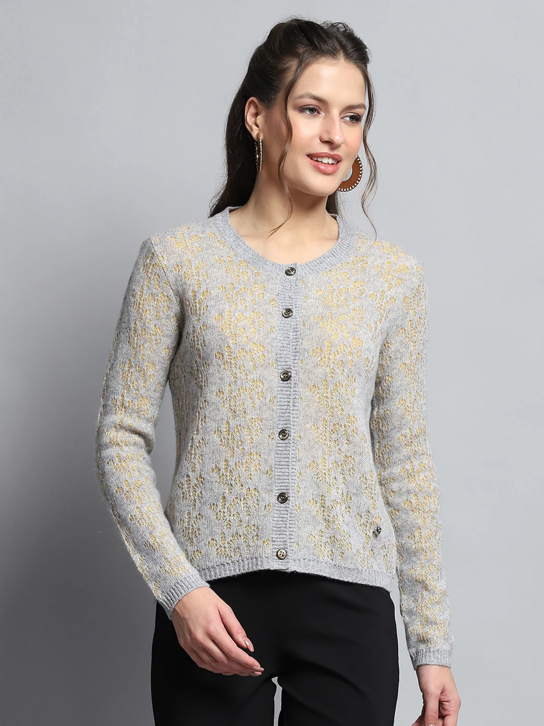 Women Grey Self Design Round Neck Full Sleeve Cardigan