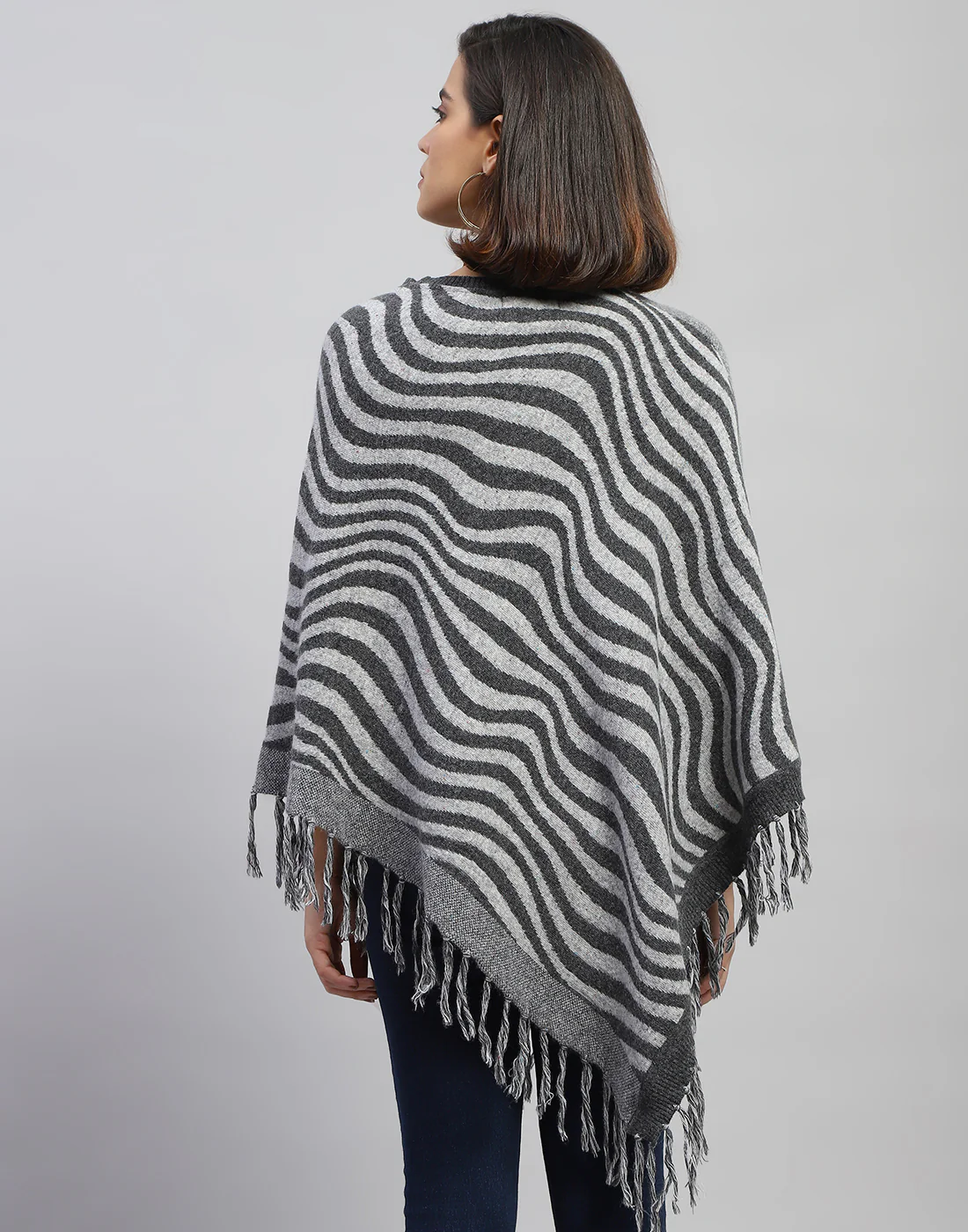 Women Grey Self Design Round Neck Poncho - Image 5