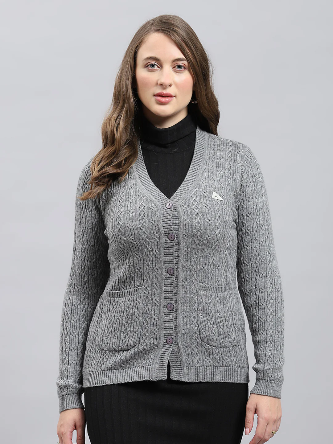 Women Grey Self Design V Neck Full Sleeve Cardigan