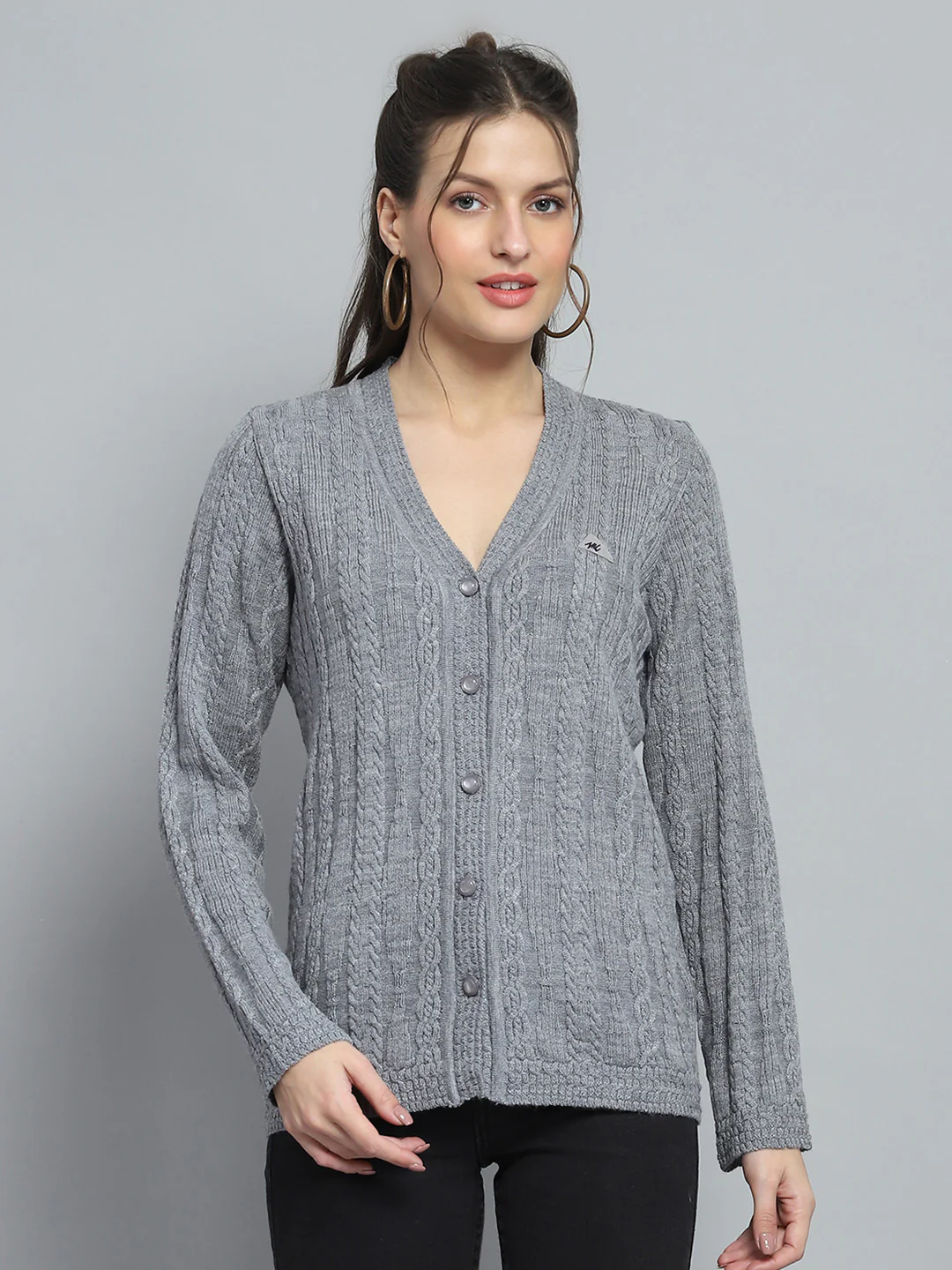 Women Grey Self Design V Neck Full Sleeve Cardigan