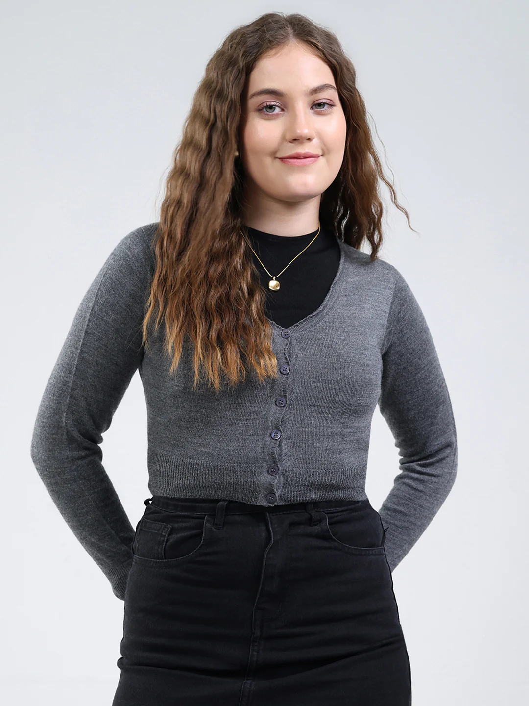 Women Grey Solid V Neck Full Sleeve Cardigan