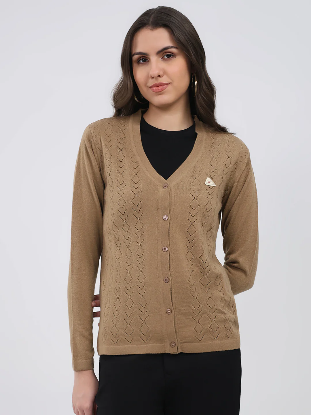 Women Khaki Self Design V Neck Full Sleeve Cardigan