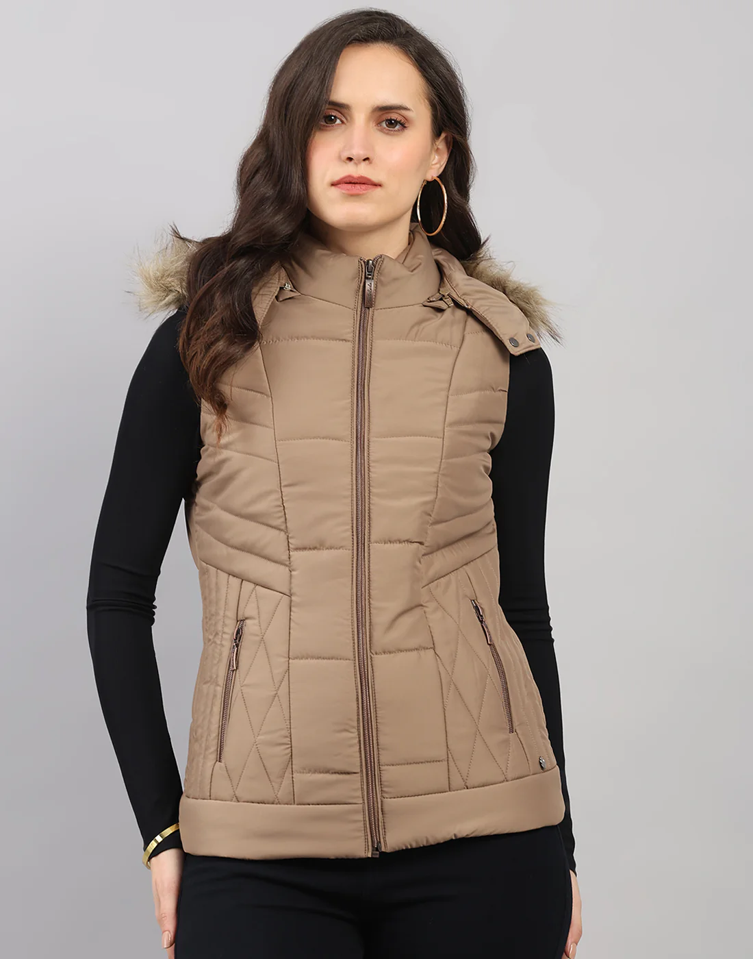 Women Khaki Solid Hooded Sleeveless Jacket