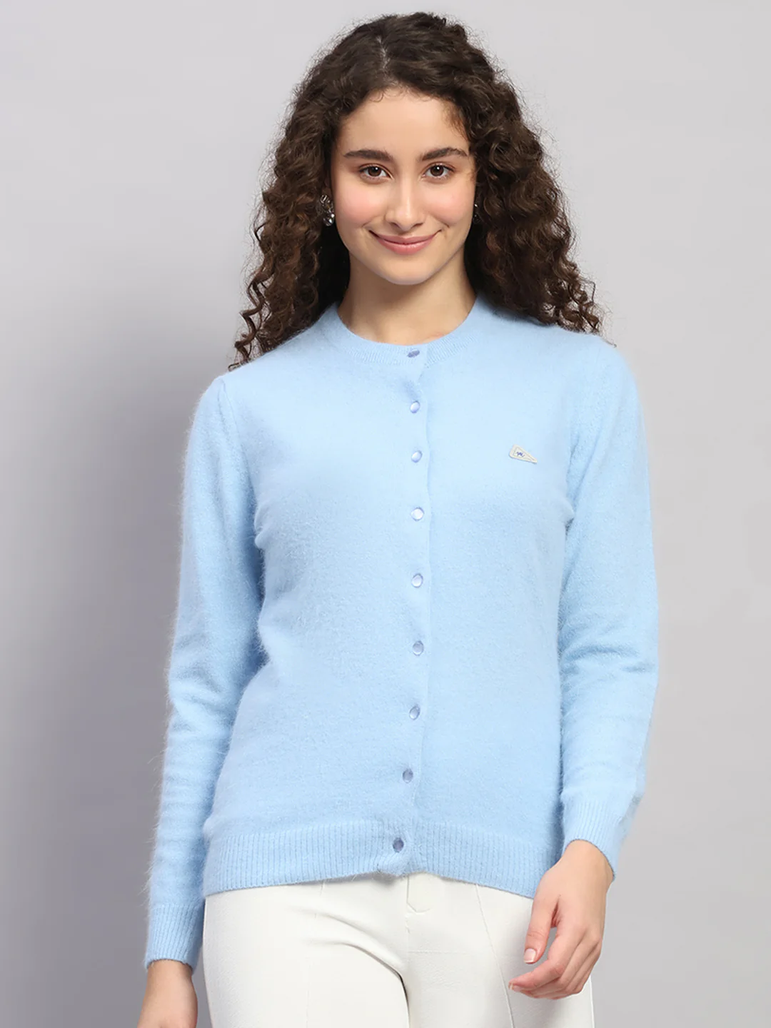 Women Light Blue Solid Round Neck Full Sleeve Cardigan