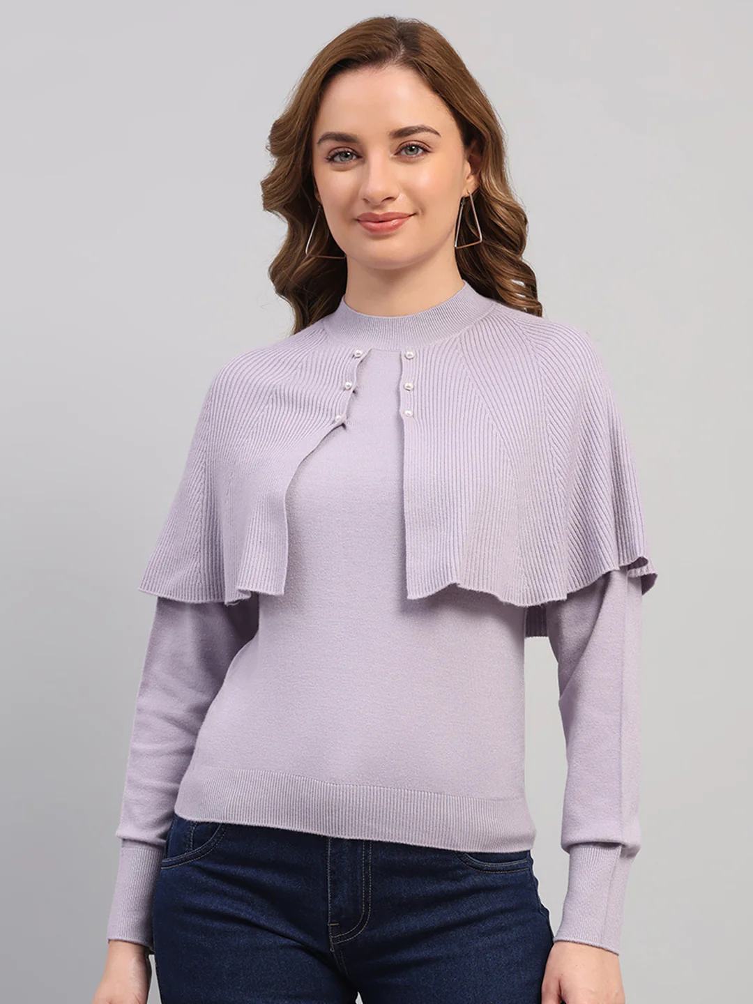 Women Light Grey Self Design Round Neck Full Sleeve Winter Top