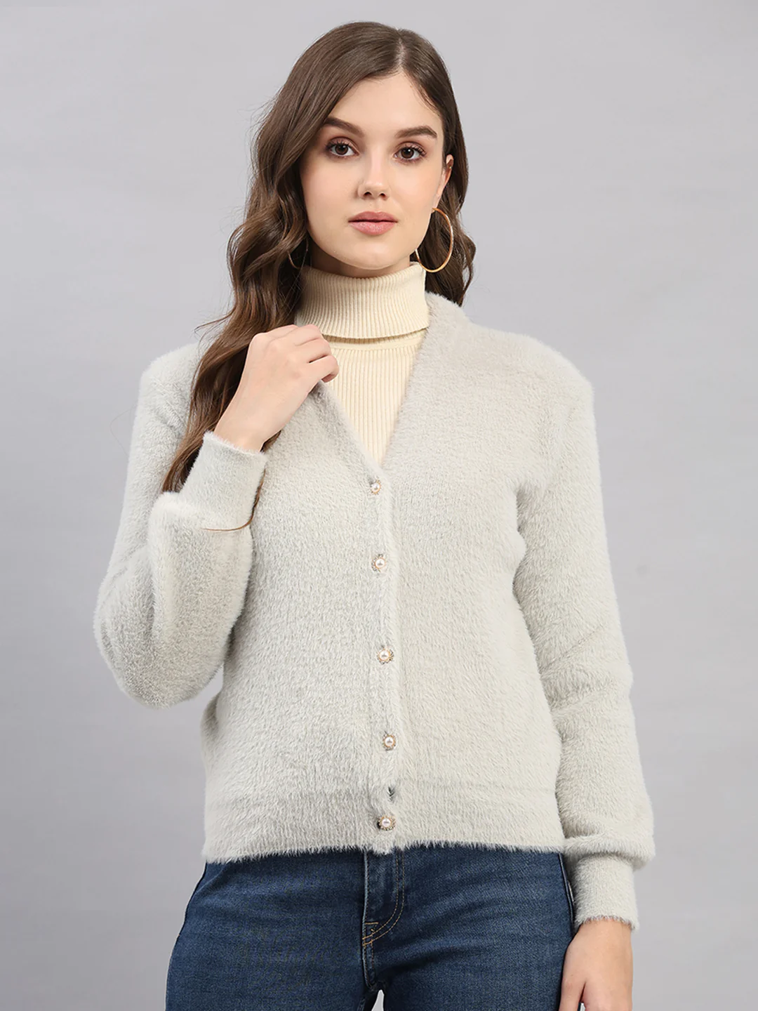Women Light Grey Self Design V Neck Full Sleeve Cardigan