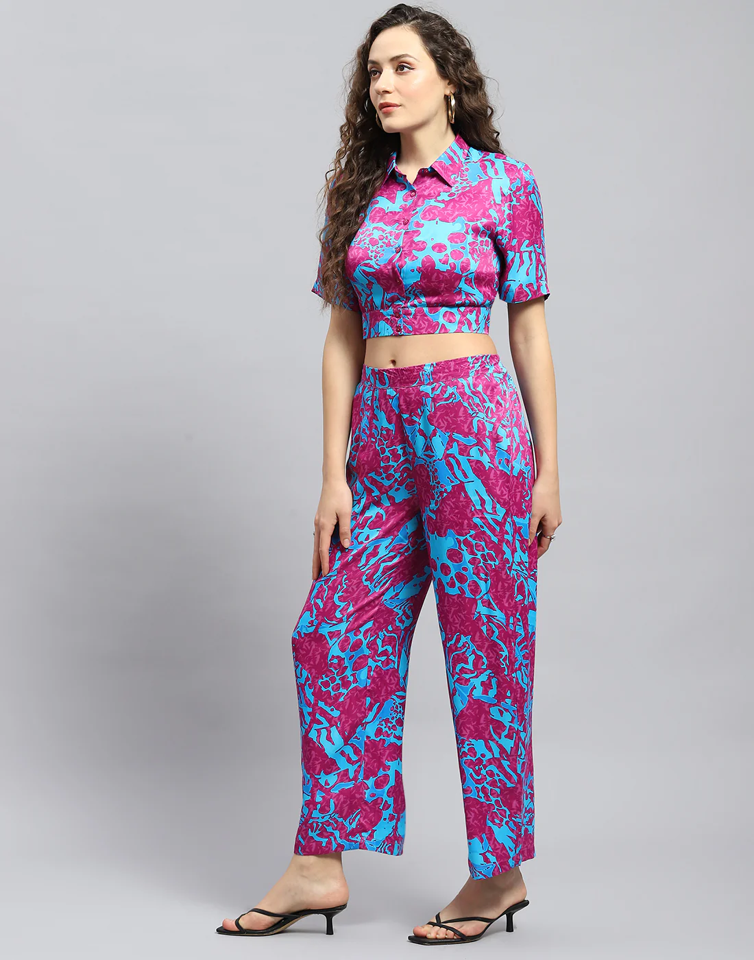 Women Magenta Printed Collar Half Sleeve Cords Set - Image 3