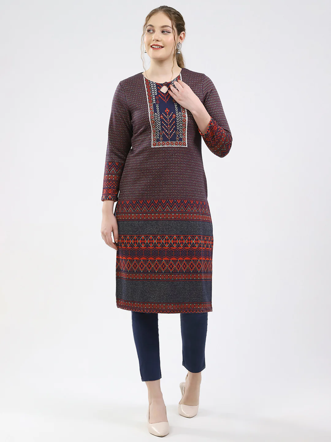 Women Maroon Printed Round Neck Full Sleeve Winter Kurti