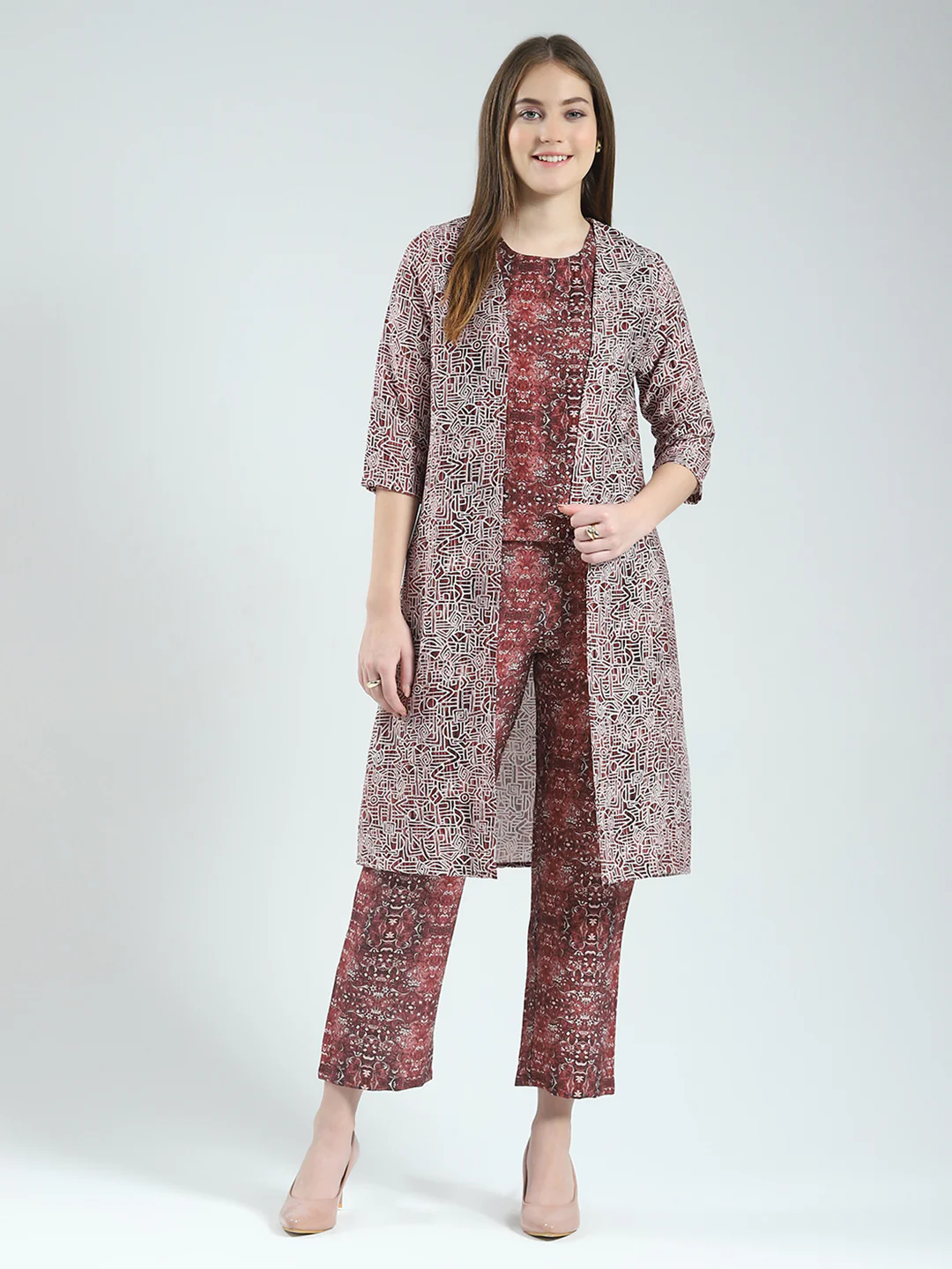 Women Maroon Printed Round Neck Sleeveless 3 Pcs Cords Set