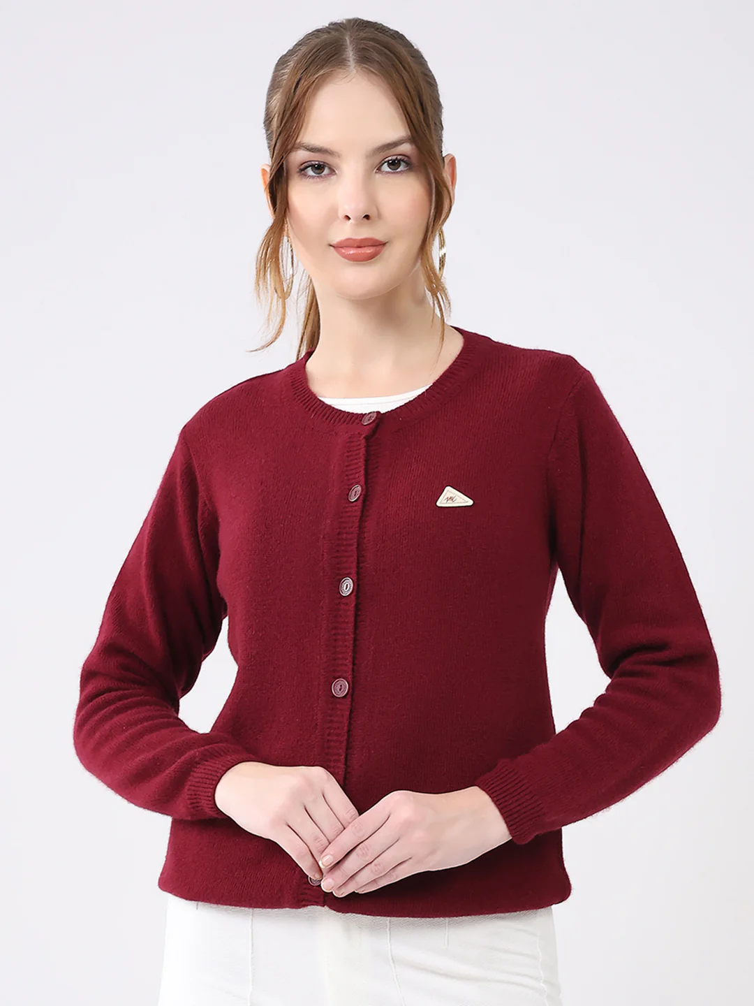 Women Maroon Solid Round Neck Full Sleeve Cardigan