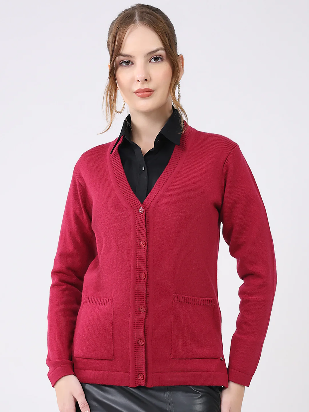 Women Maroon Solid V Neck Full Sleeve Cardigan