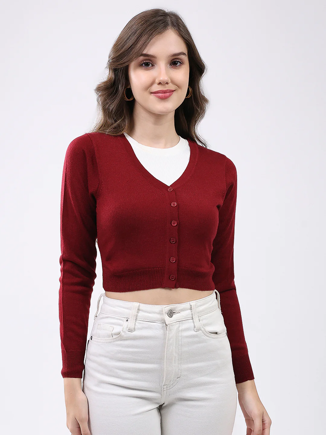 Women Maroon Solid V Neck Full Sleeve Cardigan