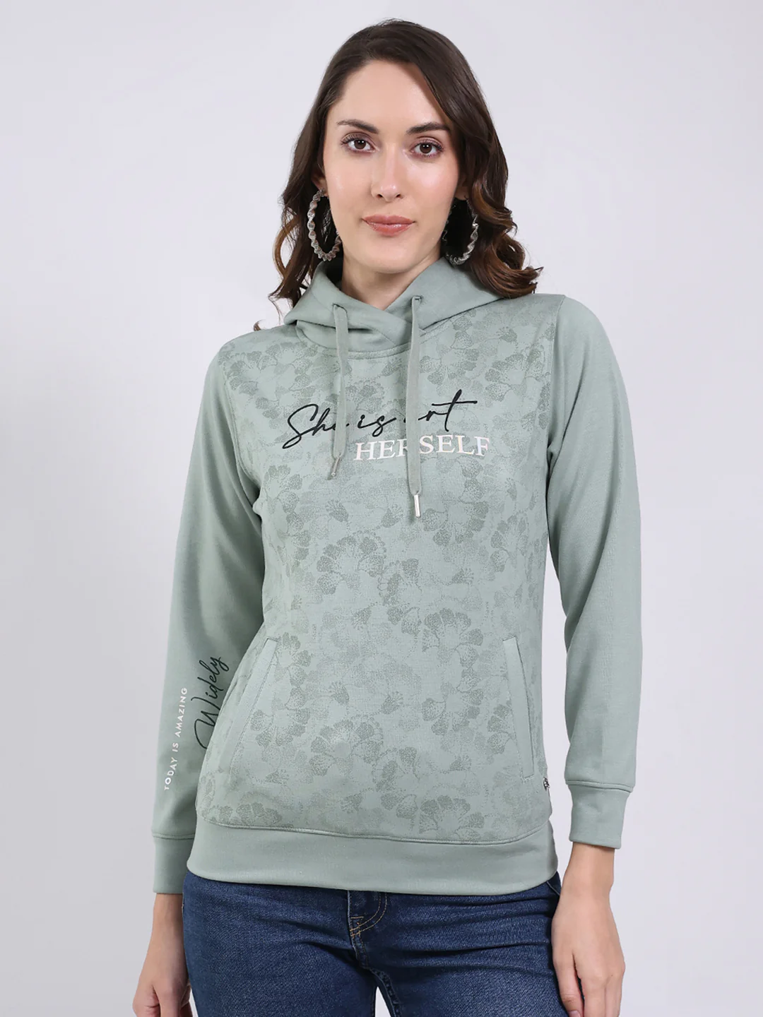 Women Mint Green Printed Hooded Full Sleeve Sweatshirt