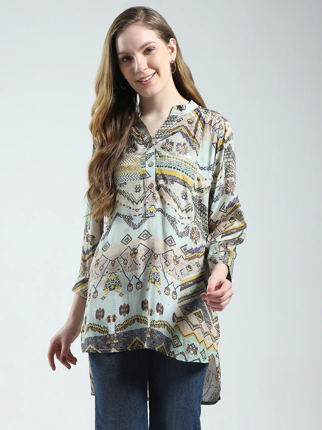 Women Multicolor Printed Band Collar 3/4th Sleeve Tunic