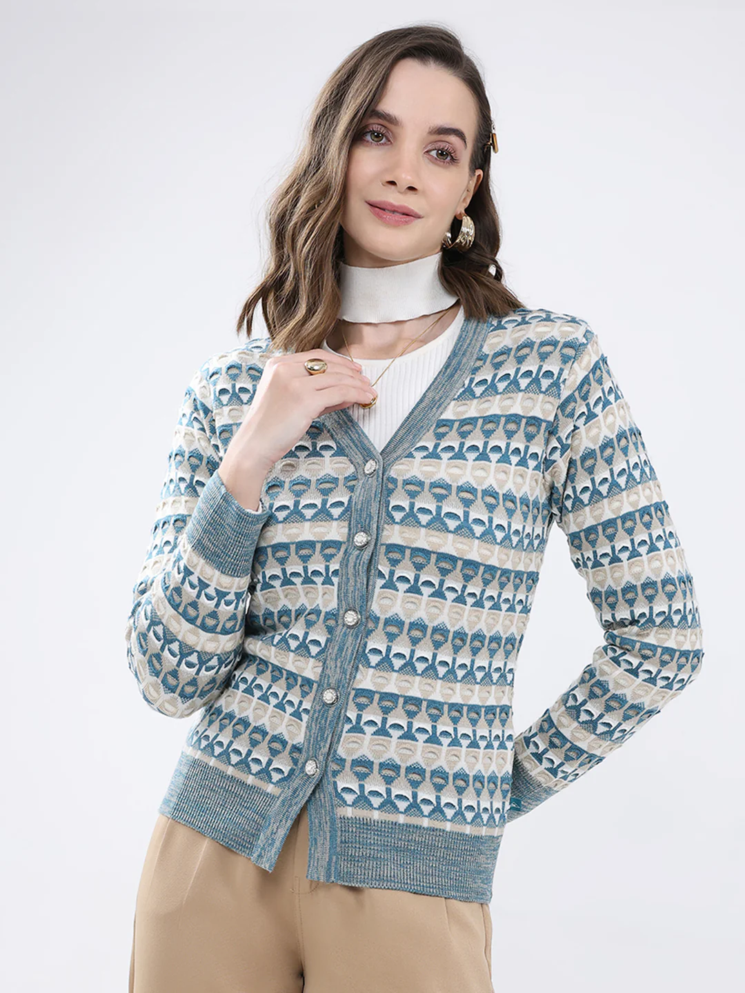 Women Multicolor Self Design V Neck Full Sleeve Cardigan