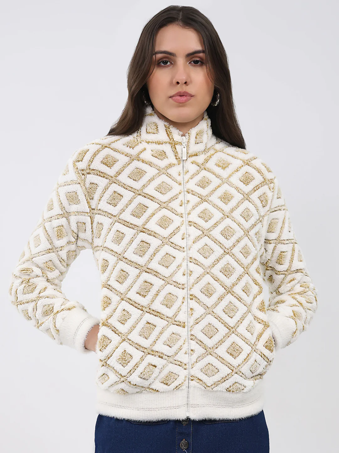Women Mustard Printed Round Neck Full Sleeve Sweatshirt