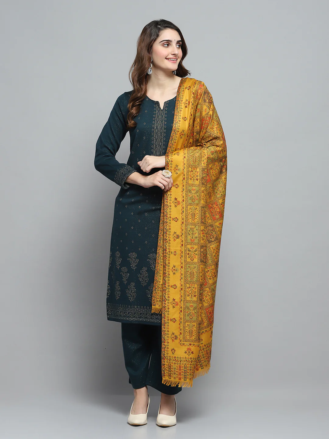 Women Mustard Self Design Shawl