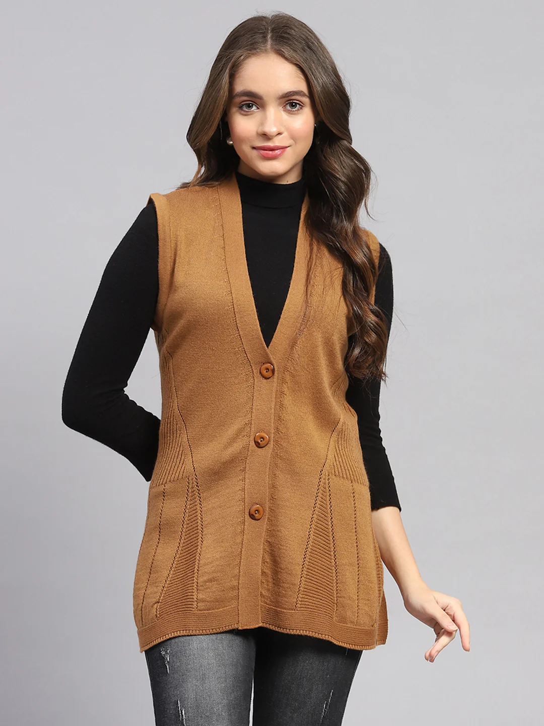 Women Mustard Self Design V Neck Full Sleeve Cardigan