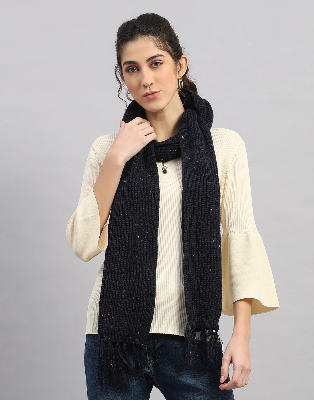 Women Navy Blue Printed Blend Wool Mufflers