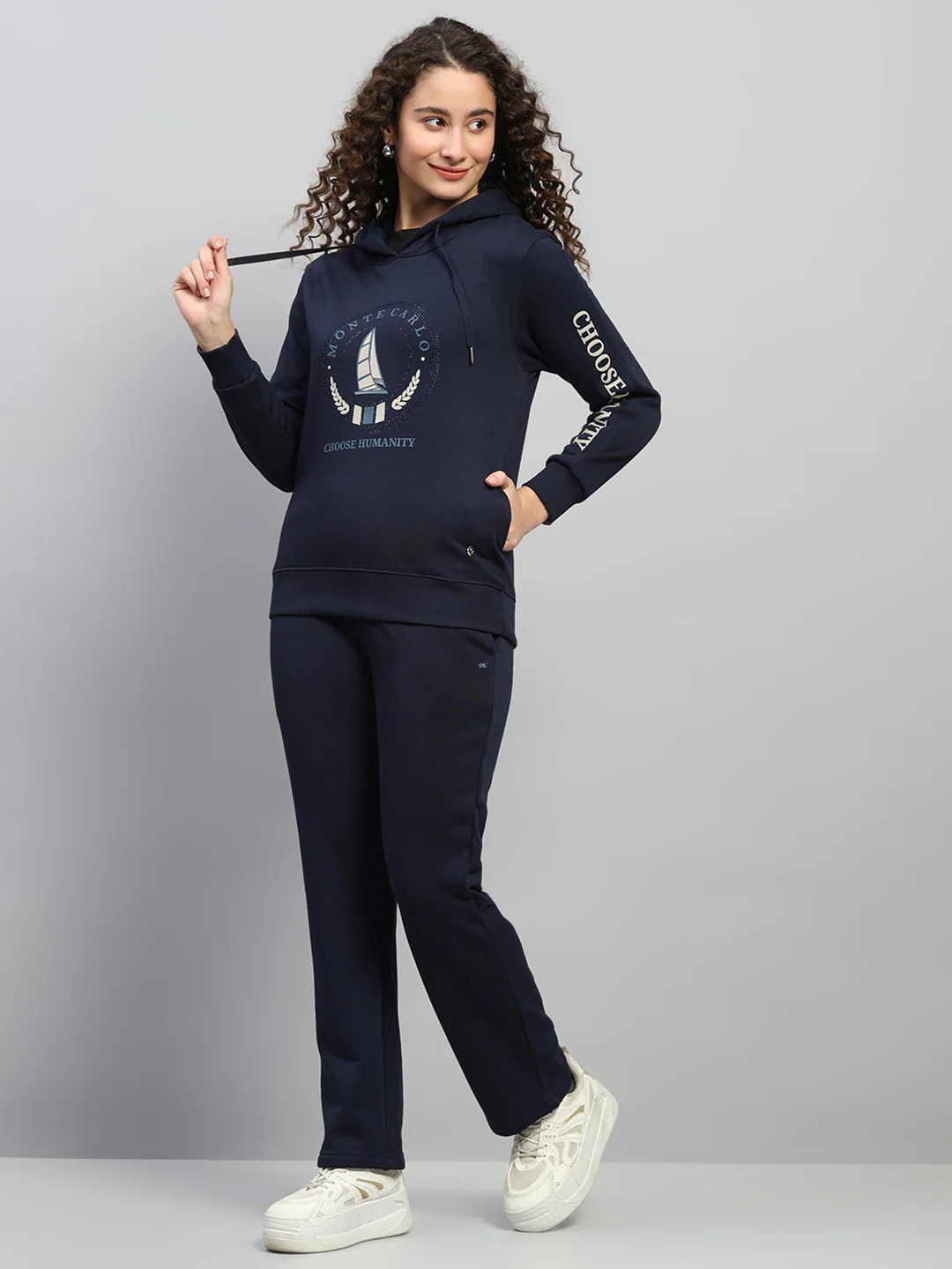 Women Navy Blue Printed Hooded Full Sleeve Cords Set - Image 3