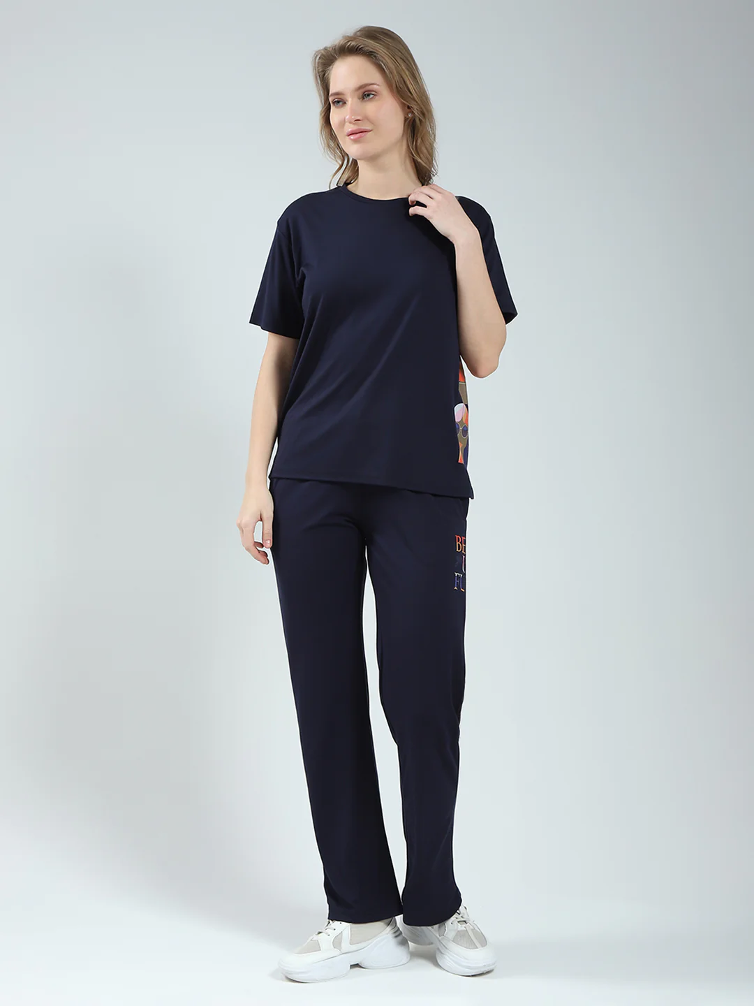 Women Navy Blue Printed Round Neck Half Sleeve Lower Set