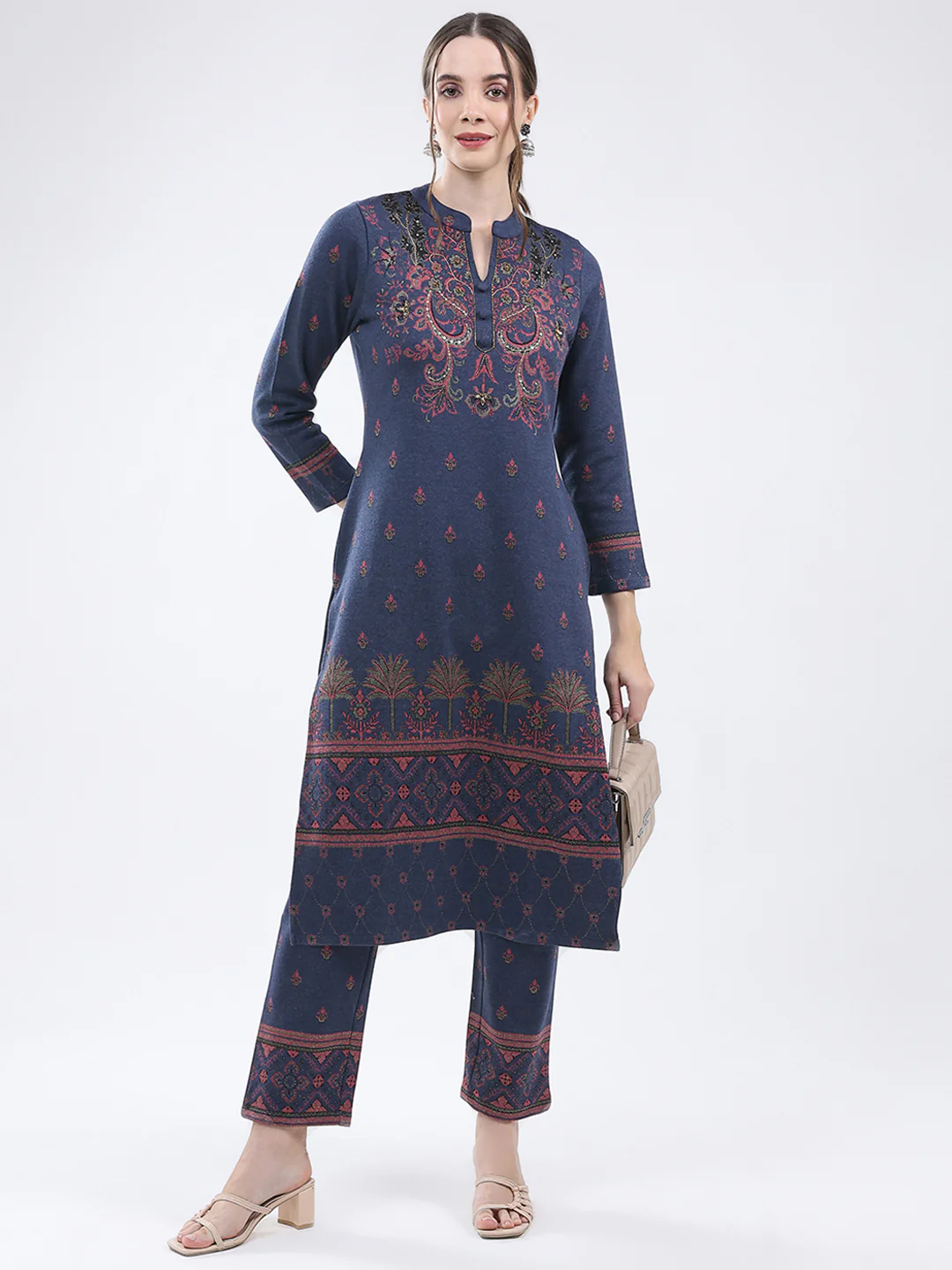 Women Navy Blue Self Design Band Neck Full Sleeve Kurti Set for Winter - Image 2