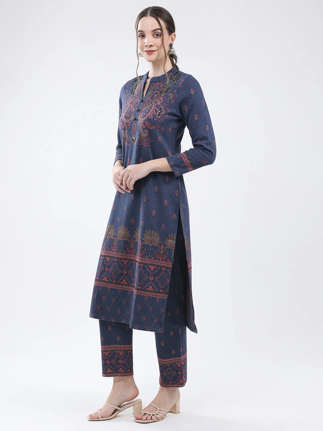 Women Navy Blue Self Design Band Neck Full Sleeve Kurti Set for Winter - Image 3