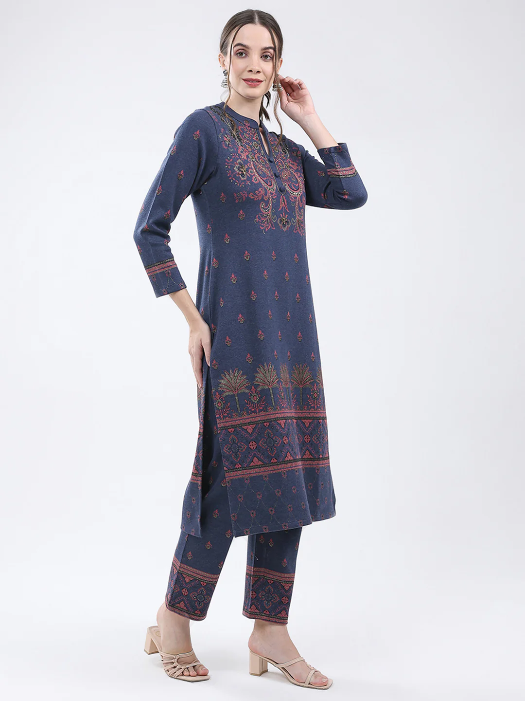 Women Navy Blue Self Design Band Neck Full Sleeve Kurti Set for Winter - Image 4