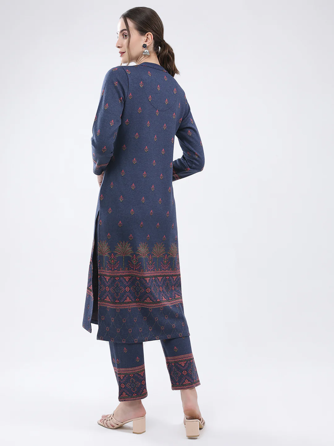 Women Navy Blue Self Design Band Neck Full Sleeve Kurti Set for Winter - Image 5