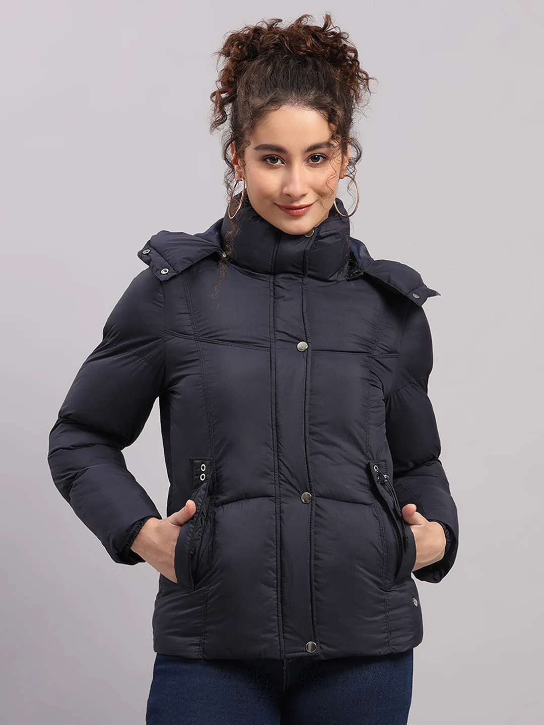 Women Navy Blue Self Design Hooded Full Sleeve Jacket