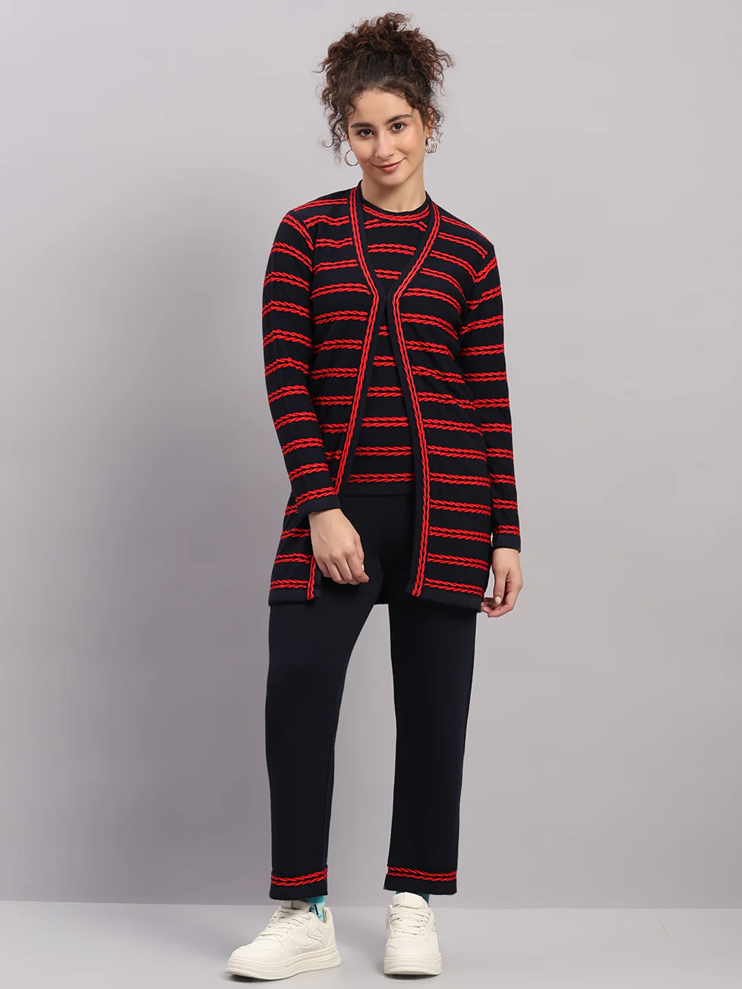 Women Navy Blue Self Design Round Neck Full Sleeve Cords Set