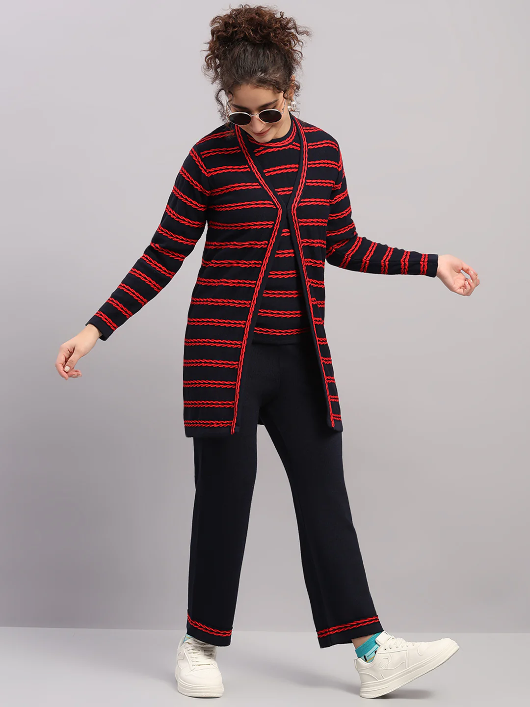 Women Navy Blue Self Design Round Neck Full Sleeve Cords Set - Image 2
