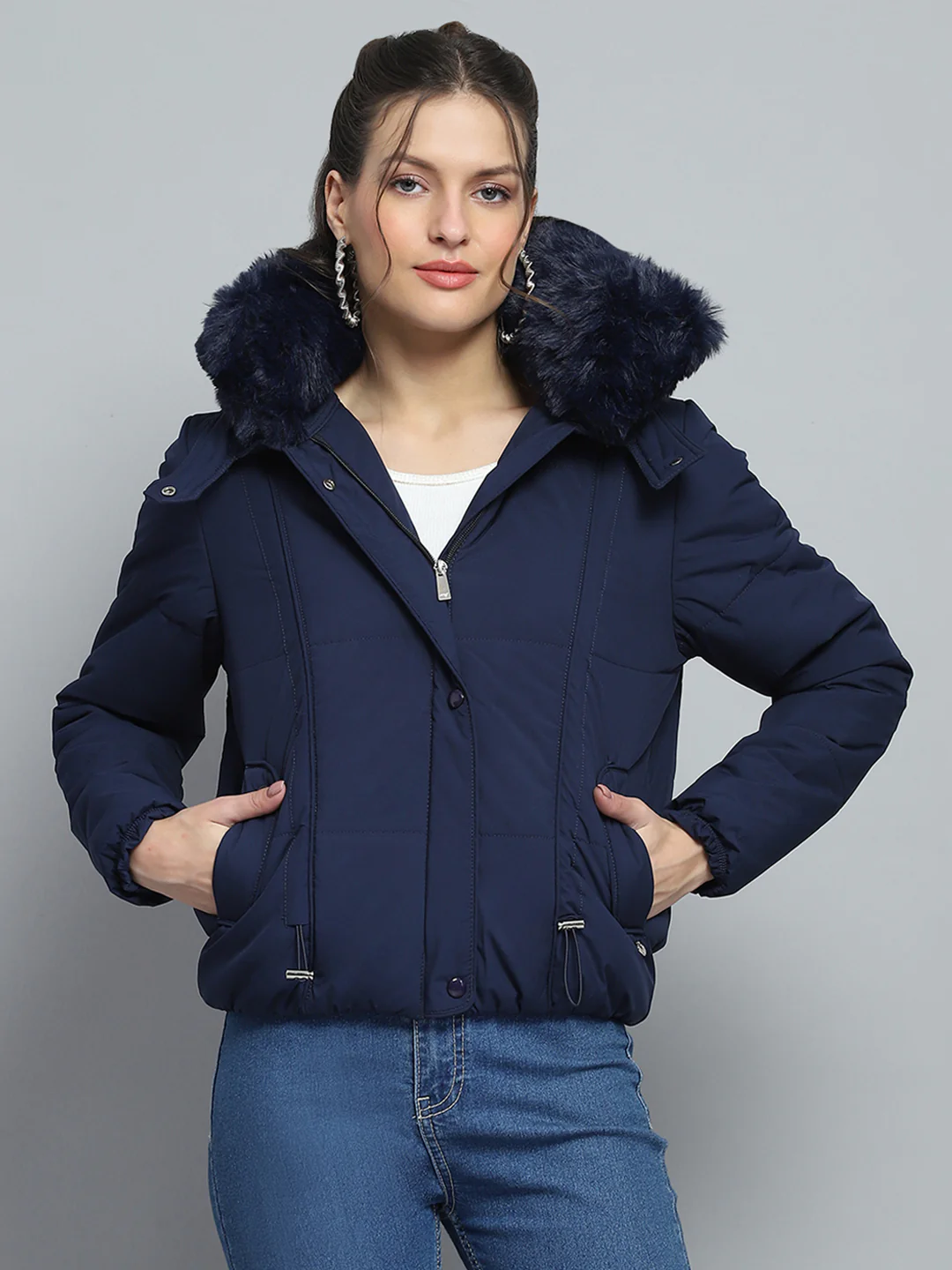 Women Navy Blue Solid Detachable Hood Full Sleeve Jacket