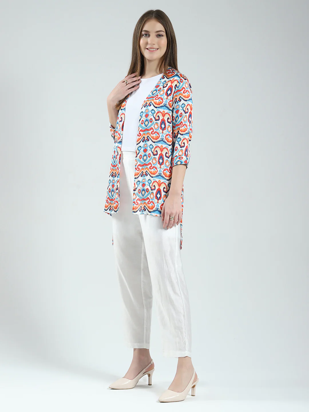 Women Off White Printed Round Neck Sleeveless 3 Pcs Cords Set - Image 3