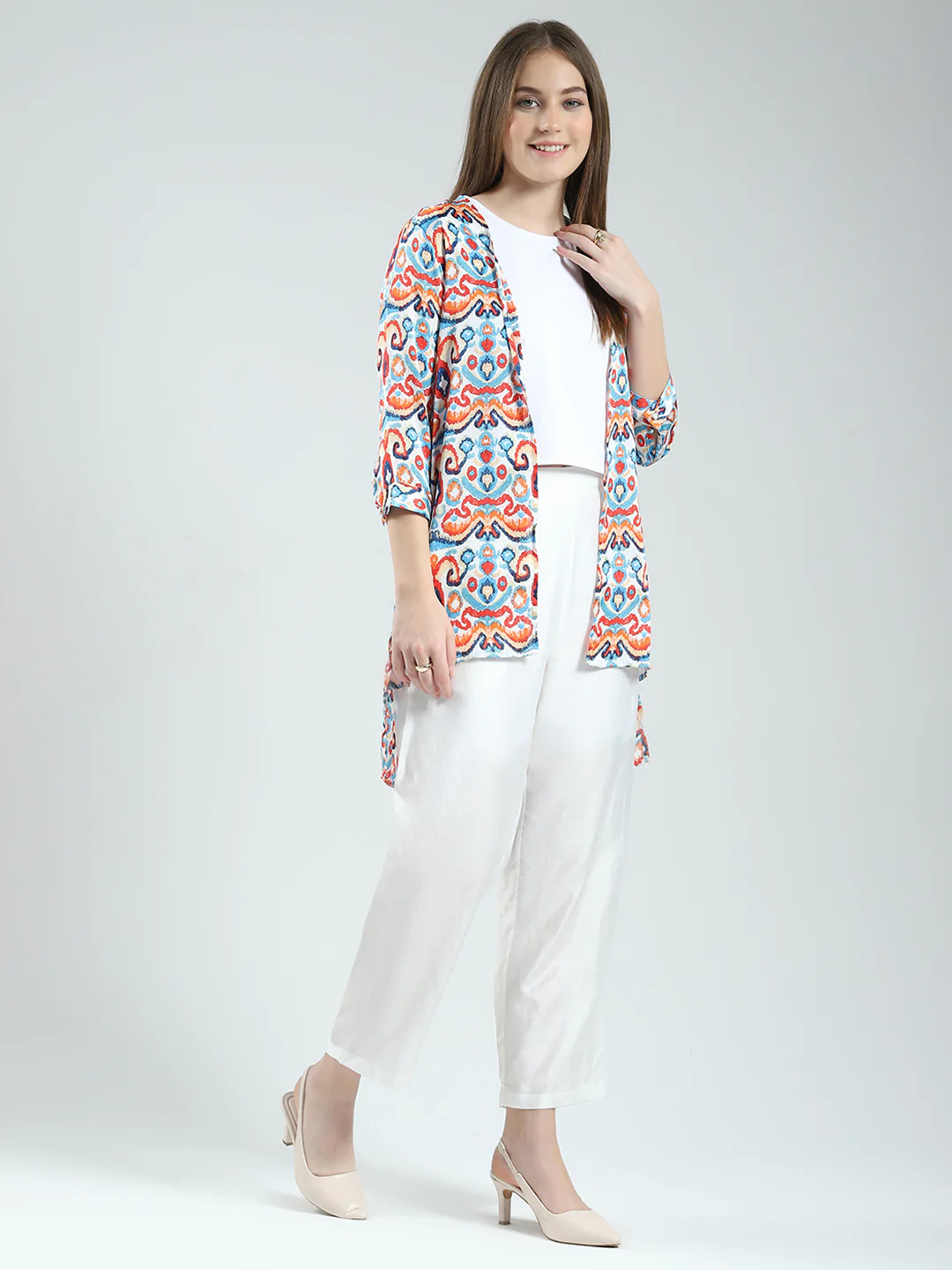 Women Off White Printed Round Neck Sleeveless 3 Pcs Cords Set - Image 4