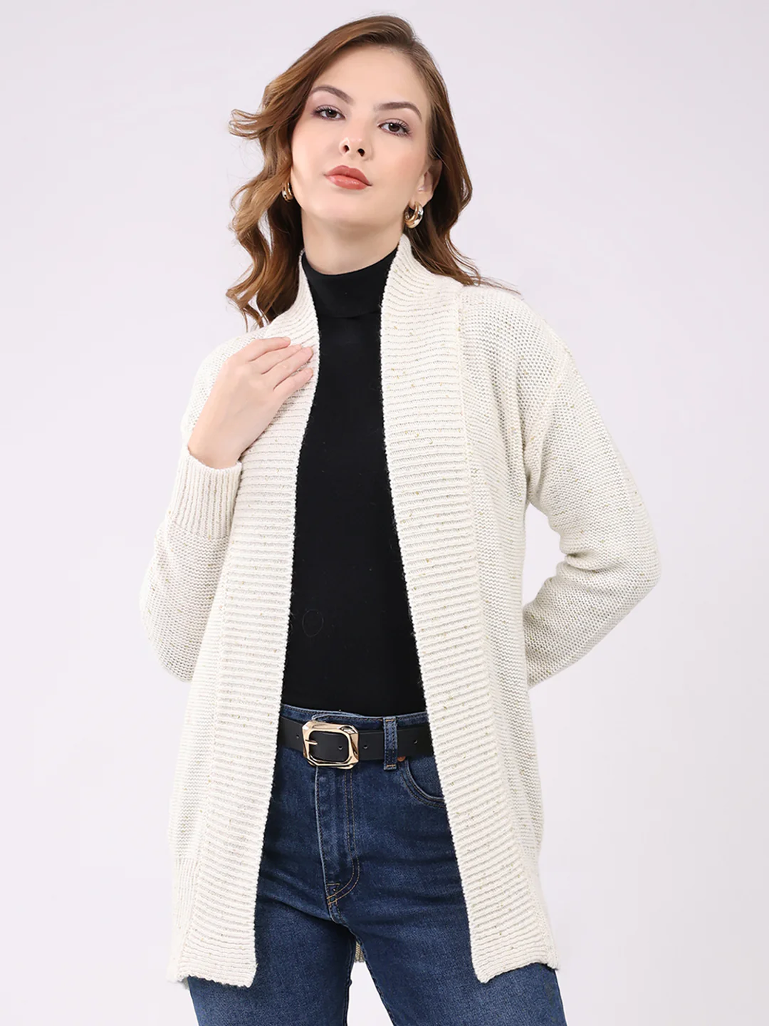Women Off White Self Design Collar Full Sleeve Cardigan