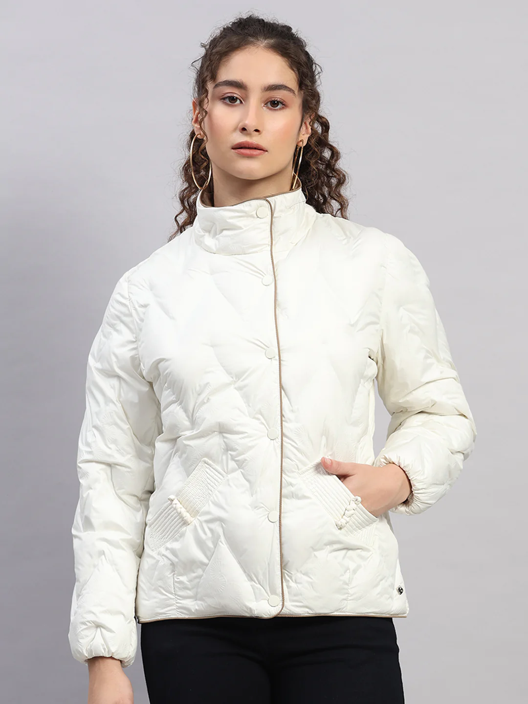 Women Off White Self Design Collar Full Sleeve Jacket