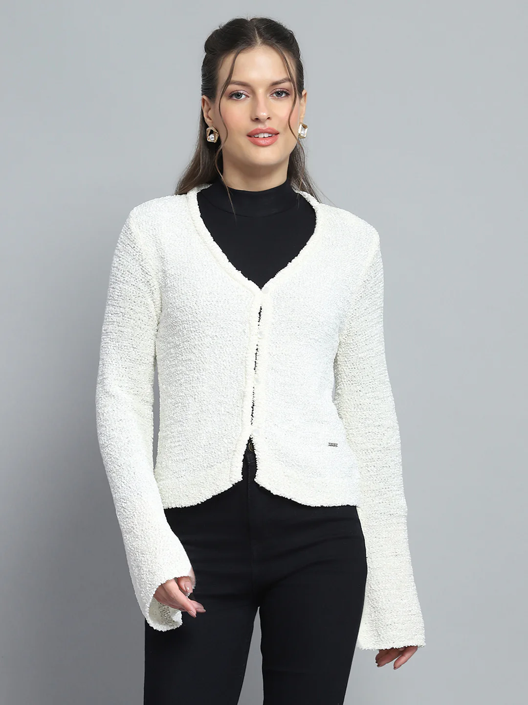 Women Off White Self Design V Neck Full Sleeve Cardigan