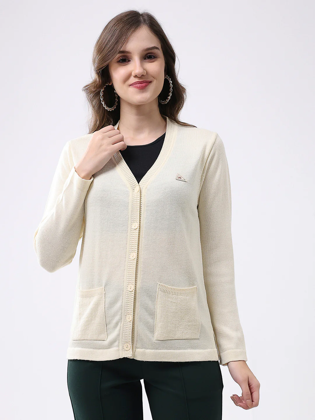 Women Off White Solid V Neck Full Sleeve Cardigan