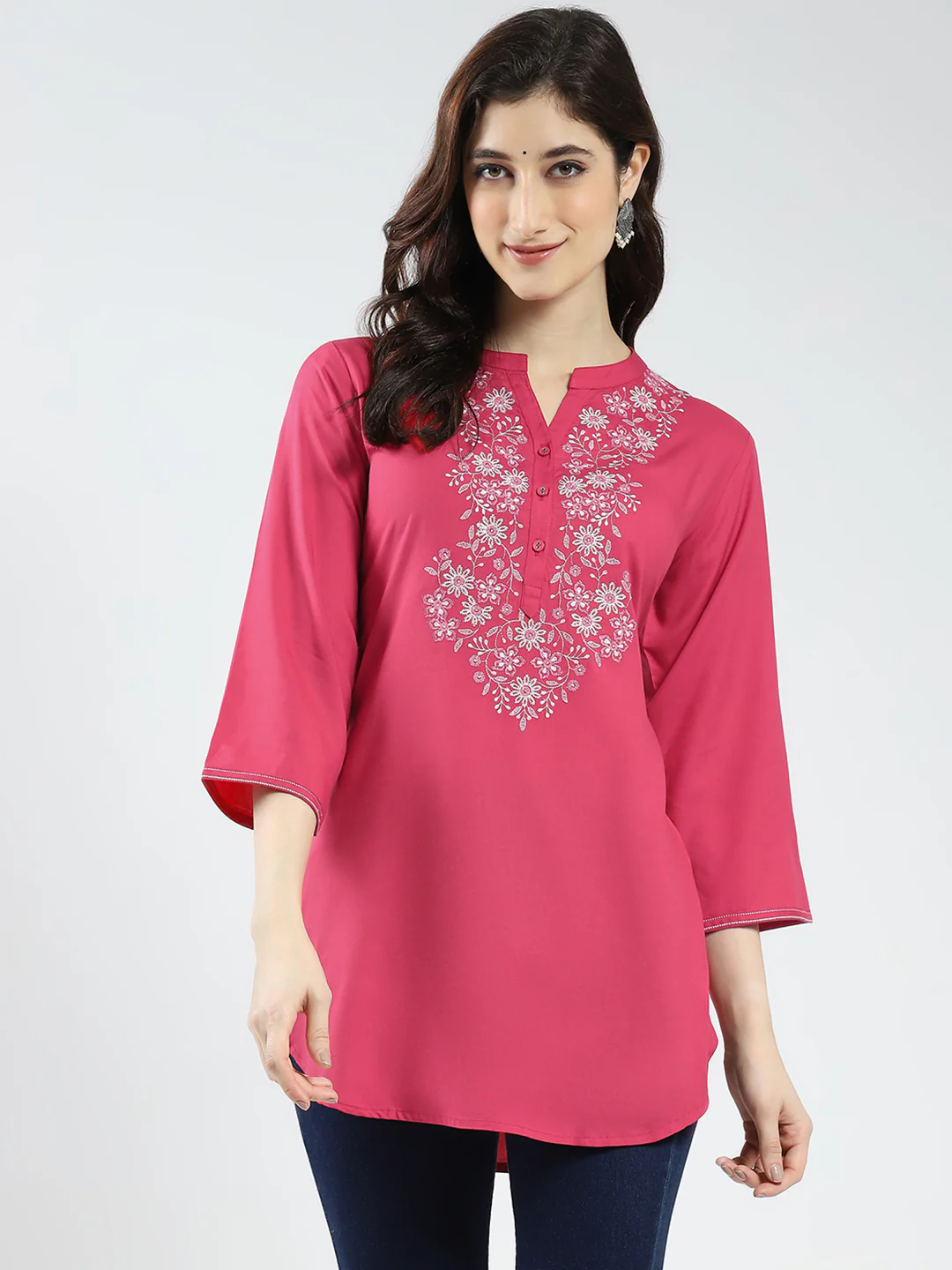 Women Pink Embroidered Band Neck 3/4th Sleeve Top