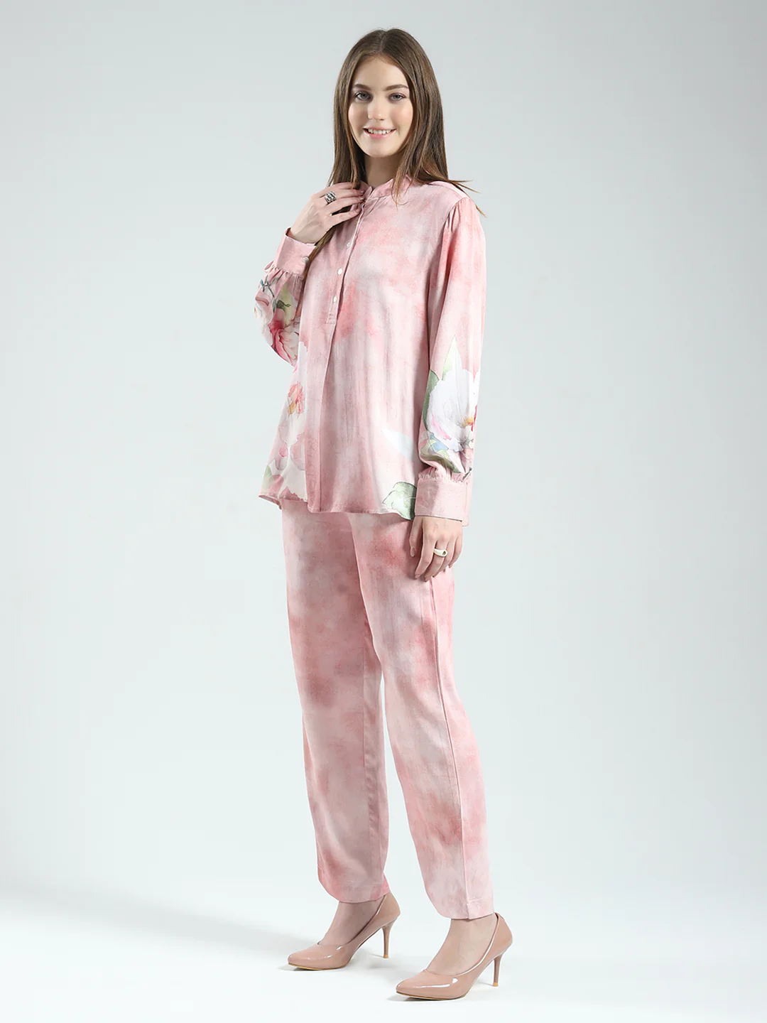 Women Pink Printed Band Neck Full Sleeve Cords Set - Image 3