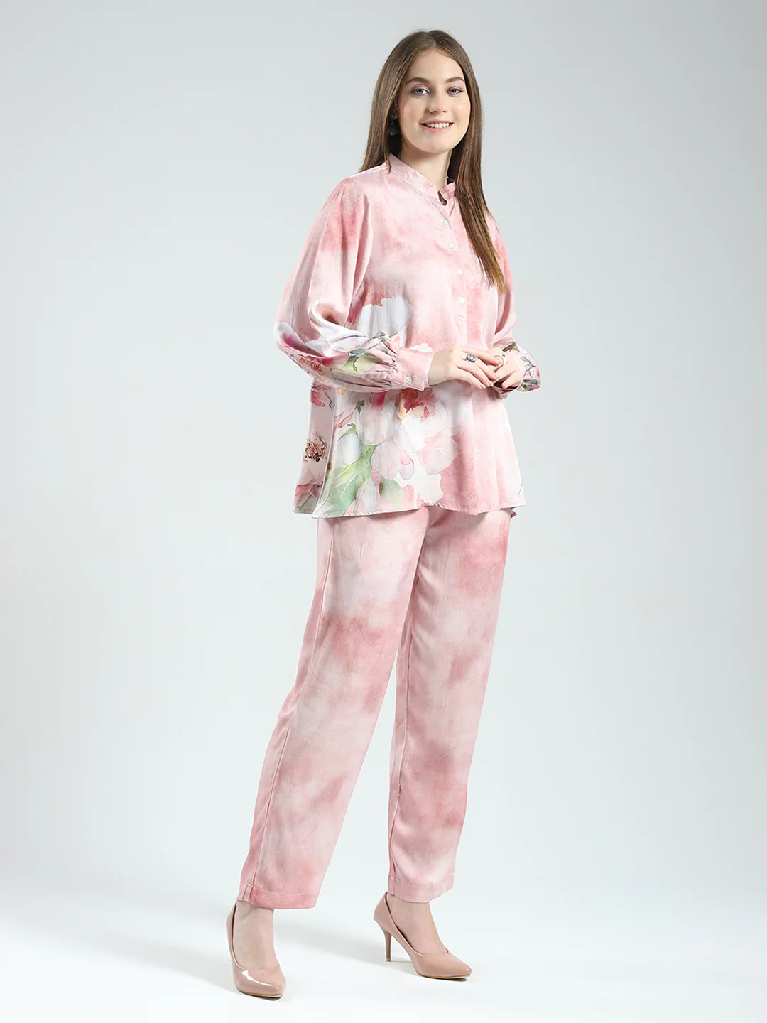 Women Pink Printed Band Neck Full Sleeve Cords Set - Image 4