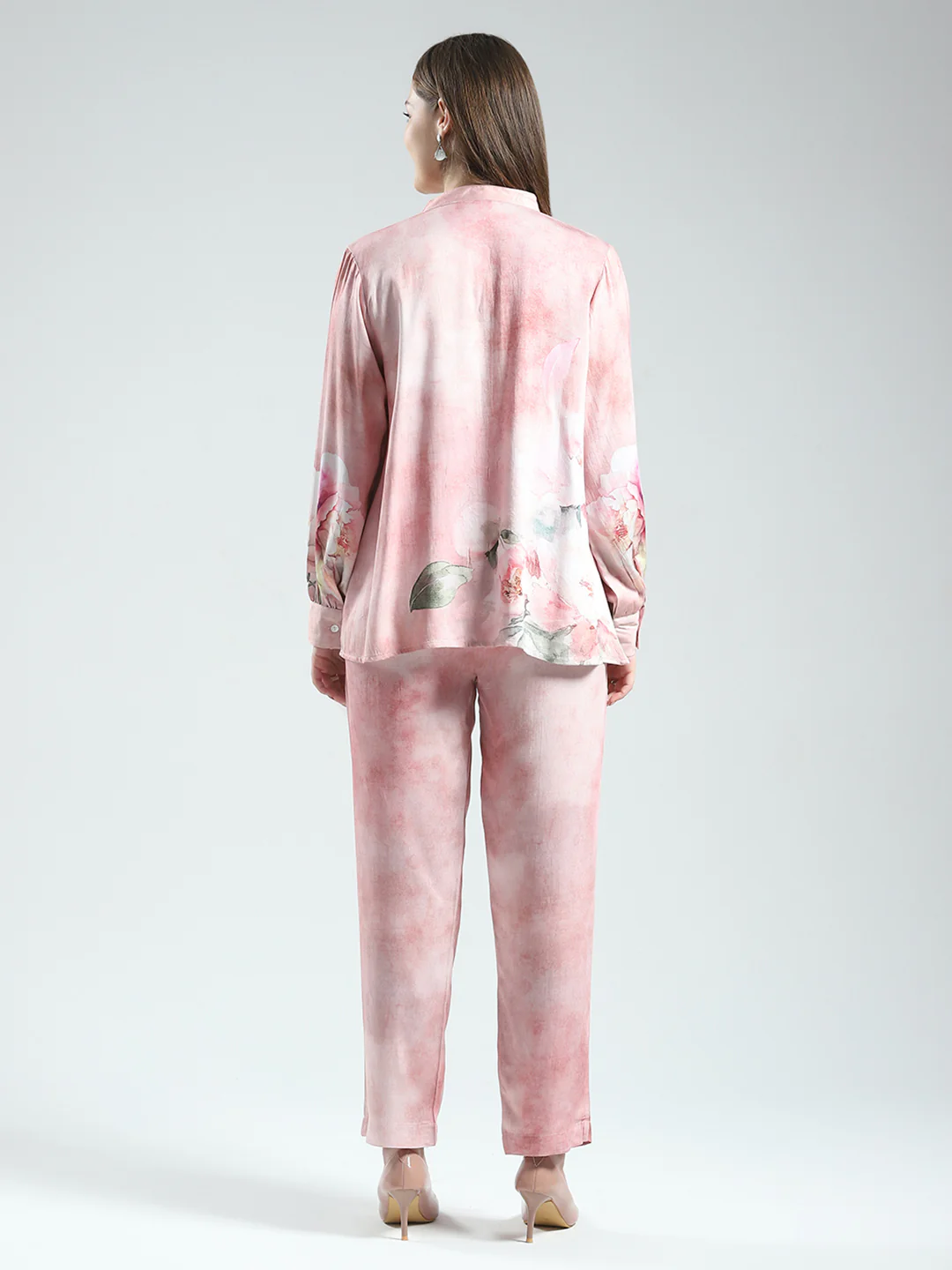 Women Pink Printed Band Neck Full Sleeve Cords Set - Image 5