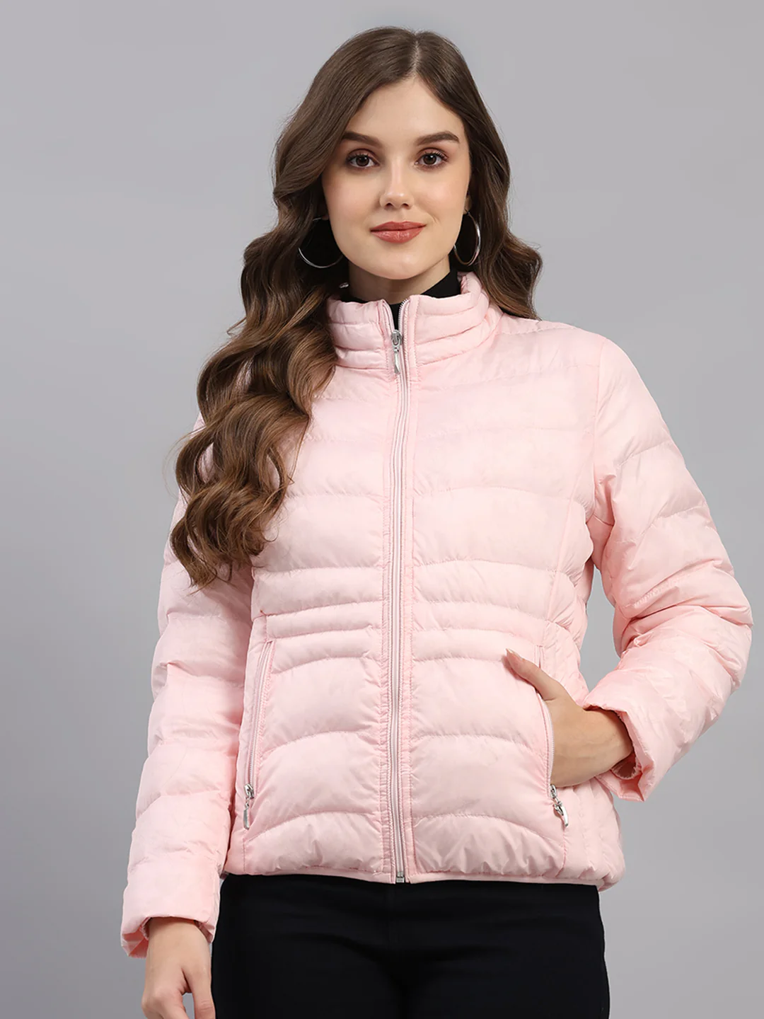 Women Pink Printed Collar Full Sleeve Jacket
